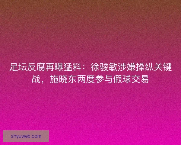 足坛反腐再曝猛料：徐骏敏涉嫌操纵关键战，施晓东两度参与假球交易